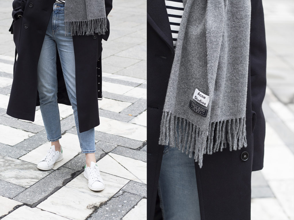 Navy blue coat, stripe top and Acne Studios scarf