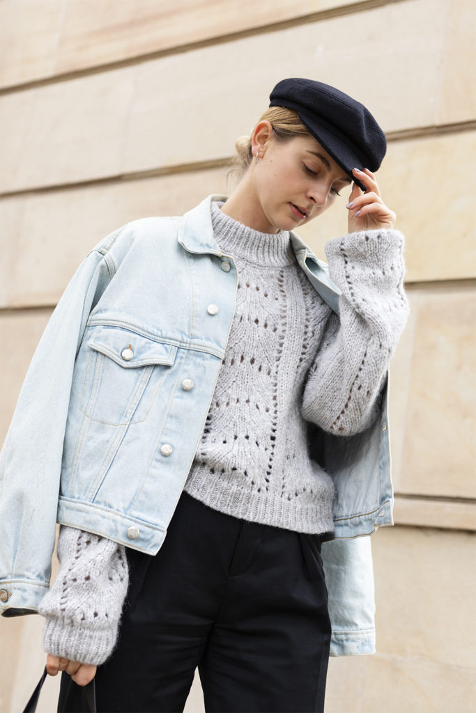 Parisian look with Isabel Marant hat, The Odder Side sweater and Le Brand denim jacket