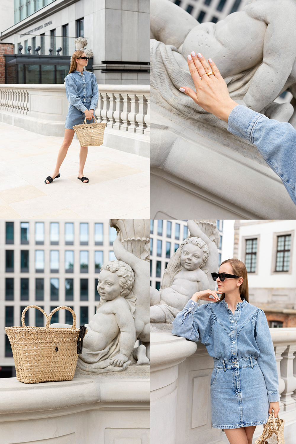 Denim dress from Mango and straw bag summer outfit